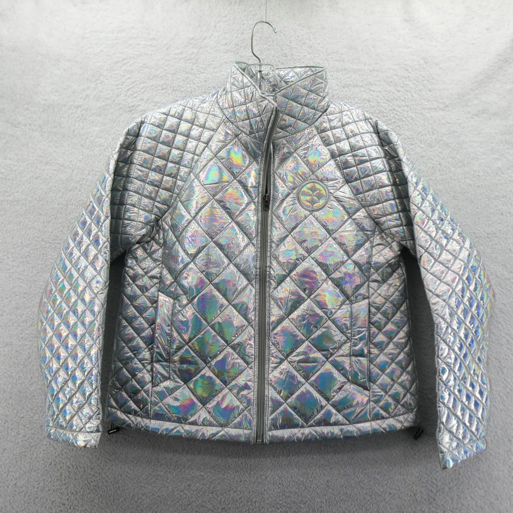 GIII Jacket‎ Womens Medium Pittsburgh Steelers Silver Holographic Quilted Puffer